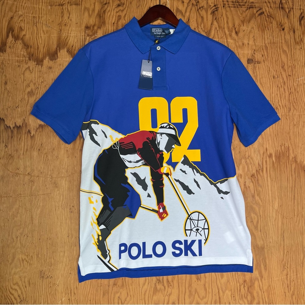 Polo Ralph Lauren 92 Ski Polo Shirt Mens Medium NWT Blue Downhill Graphic Retro